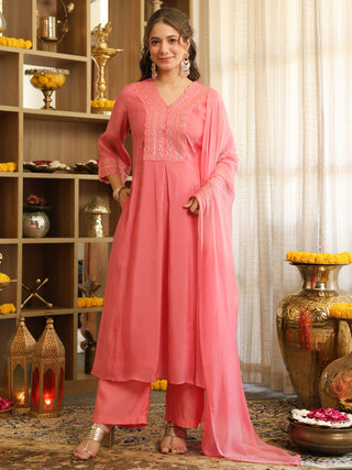Light Pink Flared A Line Kurta Set with Pocket