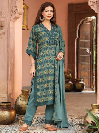 Teal Floral Print 3-Piece Straight Kurta Set
