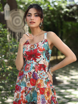 Women Multi Shoulder Strapped Floral Printed Fit and Flared Pure Cotton Ethnic Dress