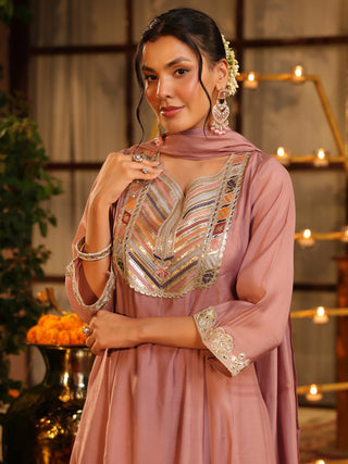 Mauve Embroidered Chanderi A-Line Kurta Set with Pocket
