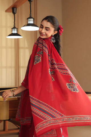 Women Ethnic Motifs Printed Regular Thread Work Pure Cotton Kurta with Trousers & With Dupatta