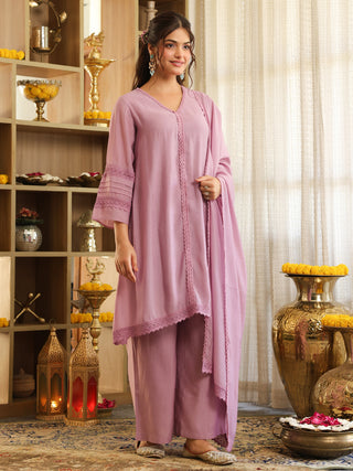 Lilac Lace Chanderi A-Line Kurta Set with Pocket