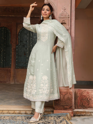 Mint Green Embroidered Lace 3-Piece Anarkali Kurta Set