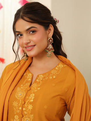 Mustard Embroidered Cotton A-Line Kurta Set