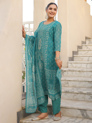 Teal Ethnic Motif Print 3-Piece Straight Kurta Set