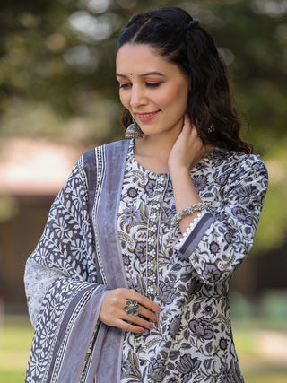 Women Grey Floral Printed Straight Kurta With Afghani Salwar And Printed Dupatta