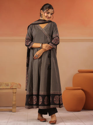 Black cotton chevron printed anarkali kurta set with solid trouser and printed cotton dupatta