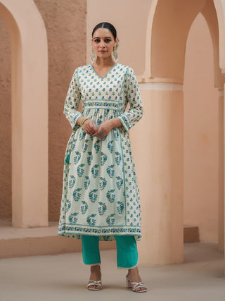 Women Teal Floral Printed Pure Cotton A-line Kurta With Solid Trouser And With Printed Dupatta