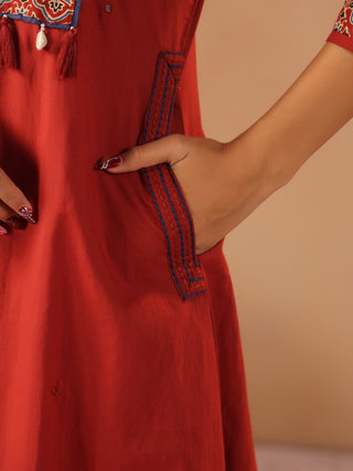 Red cotton solid straight fit kurta set with solid trouser and printed cotton dupatta