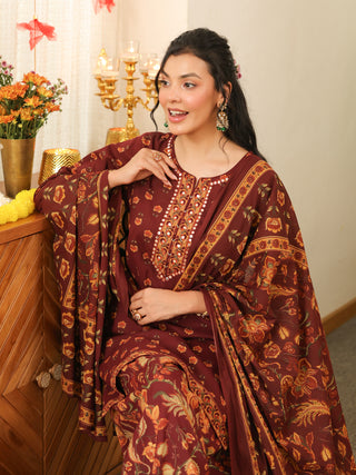 Brown Floral Print Cotton Straight Kurta Set
