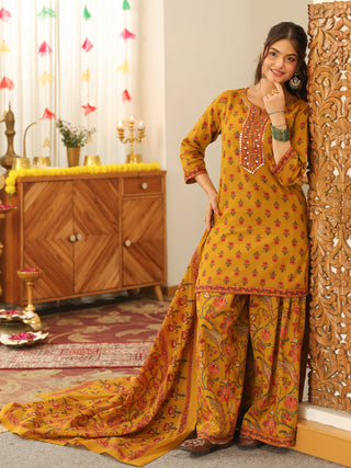 Mustard Yellow Floral Print Cotton Straight Kurta Set