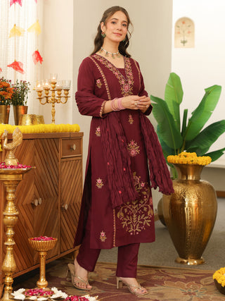 Wine Floral Embroidered Cotton Straight Kurta Set