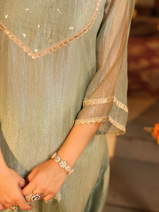 Dusty Blue Sequin Tissue A-Line Kurta Set with Pocket