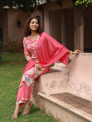 Pink Floral Embroidered 3-Piece Straight Kurta Set