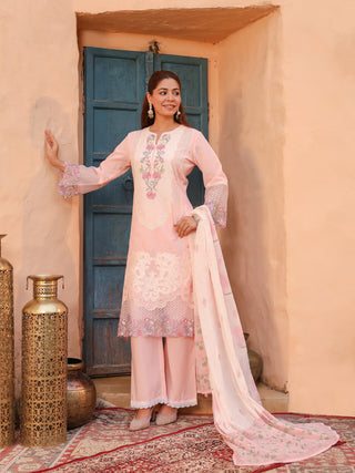 Pink Floral Embroidered 3-Piece Straight Kurta Set