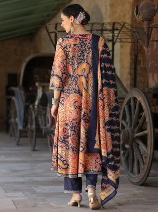 Women Blue Paisley Printed Anarkali Kurta With Trouser And Dupatta