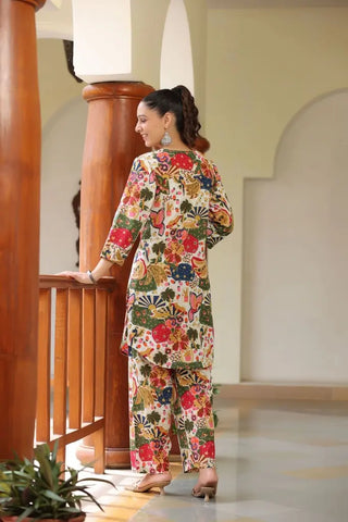 Printed Pure Cotton Round Neck Tunic With Trousers