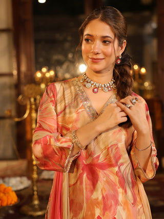 Beige Floral Print Straight Kurta Set with Pocket