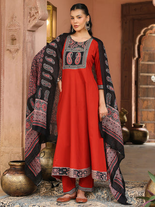 Red Printed 3-Piece Anarkali Kurta Set