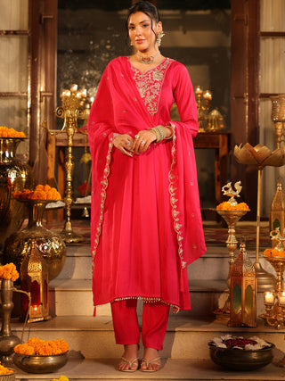 Pink Embroidered Anarkali Kurta Set with Pocket