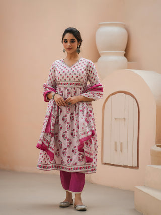 Women Pink Floral Printed Pure Cotton A-line Kurta With Solid Trouser And With Printed Dupatta