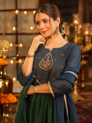 Bottle Green Embroidered Anarkali Kurta Set with Pocket