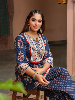 Navy Blue Mughal Print Straight 2-Piece Kurta Set