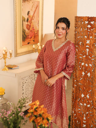 Dusty Rose Woven Butti Tissue Co-Ord Set with Pocket