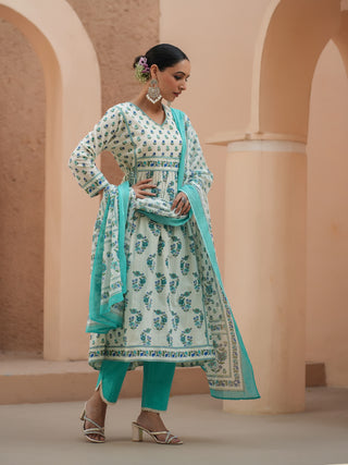 Women Teal Floral Printed Pure Cotton A-line Kurta With Solid Trouser And With Printed Dupatta