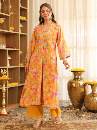 Mustard Floral Print Rayon A-Line Kurta Set with Pocket