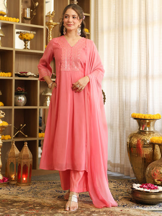 Light Pink Flared A Line Kurta Set with Pocket