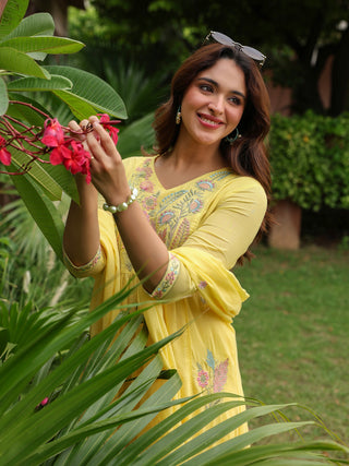 Yellow Floral Embroidered 3-Piece Anarkali Kurta Set