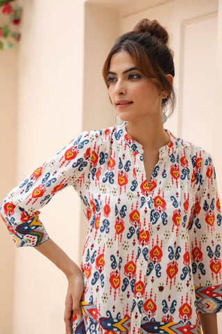 Floral Print Mandarin Collar Cotton Top