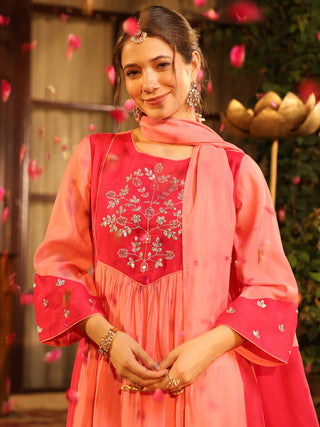 Pink Embroidered Yoke A-Line Kurta Set with Pocket