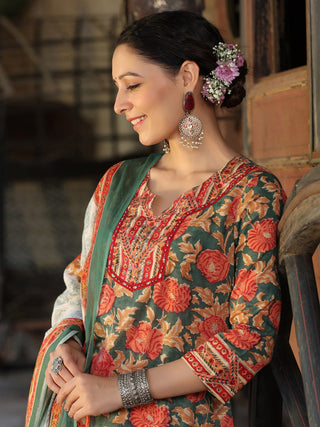 Women Green and Orange Floral Printed Pure Cotton Straight Kurta With Printed Trouser And Printed Dupatta