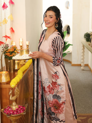 Peach Panel Print Chanderi Straight Kurta Set
