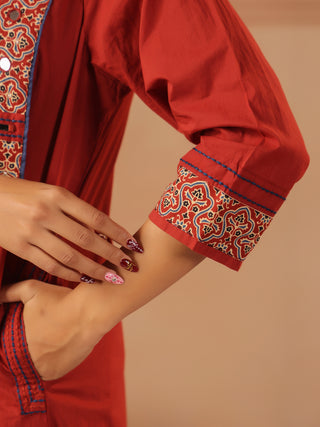 Red cotton solid straight fit kurta set with solid trouser and printed cotton dupatta