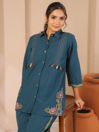 Teal blue solid embroidered cord set with shirt style tunic and matching trouser