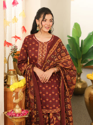 Brown Floral Print Cotton Straight Kurta Set