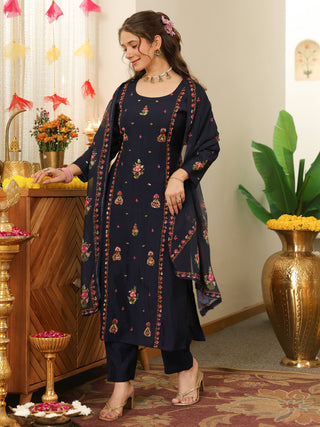 Blue Embroidered Poly Silk Straight Kurta Set