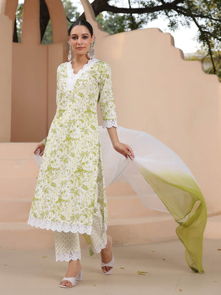 Women Green Floral Printed Pure Cotton Straight Kurta with Trousers & Dyed Dupatta