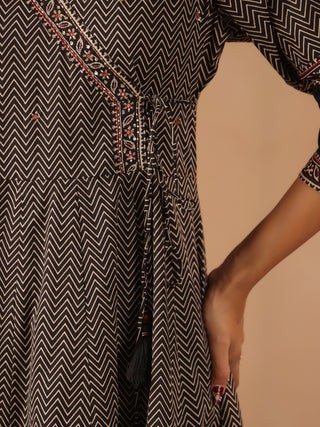 Black cotton chevron printed anarkali kurta set with solid trouser and printed cotton dupatta