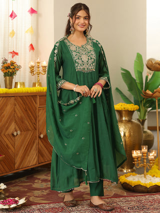 Green Embroidered Anarkali Kurta Set with Pocket