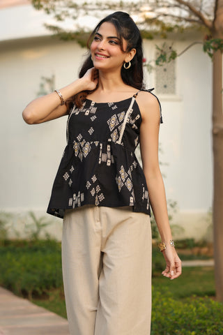 Black Abstract Print Fit & Flare Top