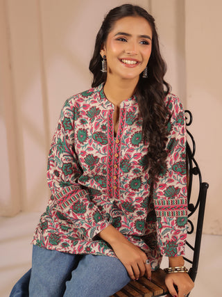 Green Floral Print Cotton Mandarin Collar Top