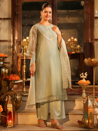 Dusty Blue Sequin Tissue A-Line Kurta Set with Pocket