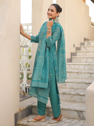 Teal Ethnic Motif Print 3-Piece Straight Kurta Set