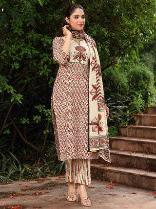 Rust Striped Embroidered 3-Piece Straight Kurta Set