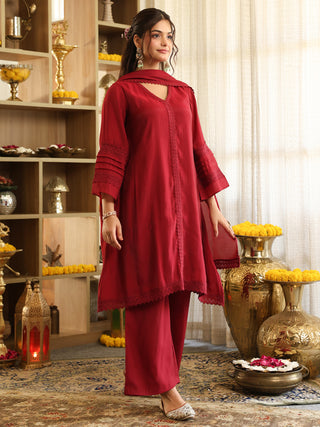 Maroon Lace Chanderi A-Line Kurta Set with Pocket