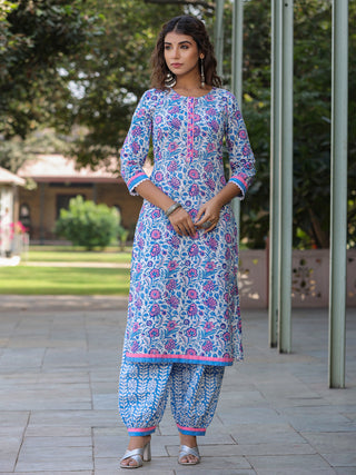 Women Blue Floral Printed Straight Kurta With Afghani Salwar and Printed Dupatta